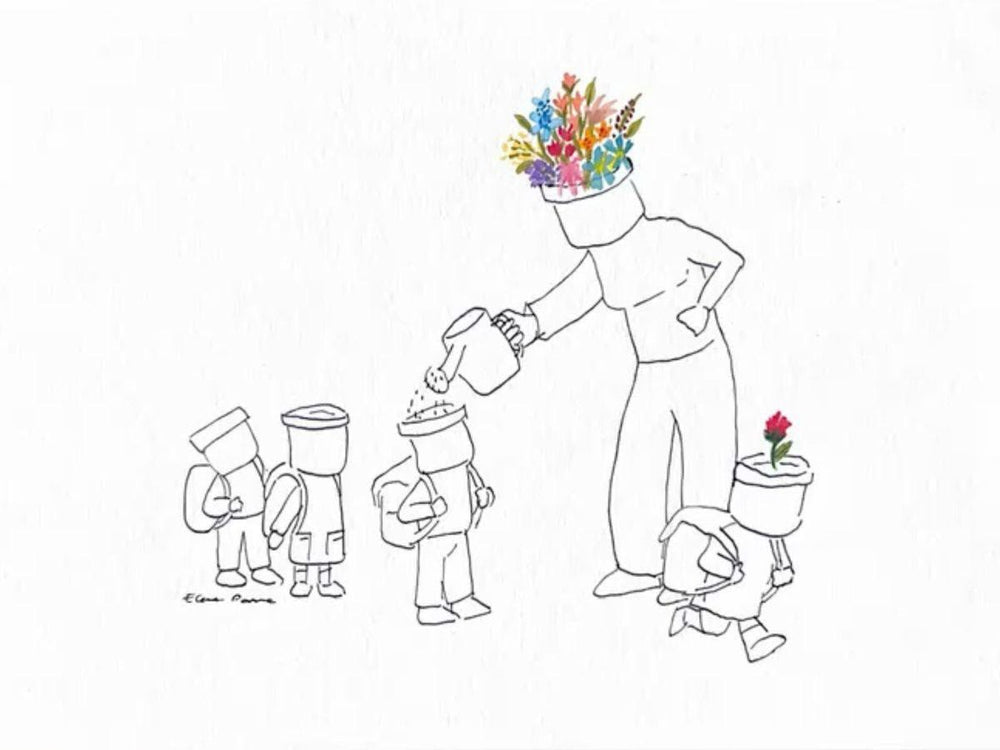 Un parent arrose des enfants-plantes